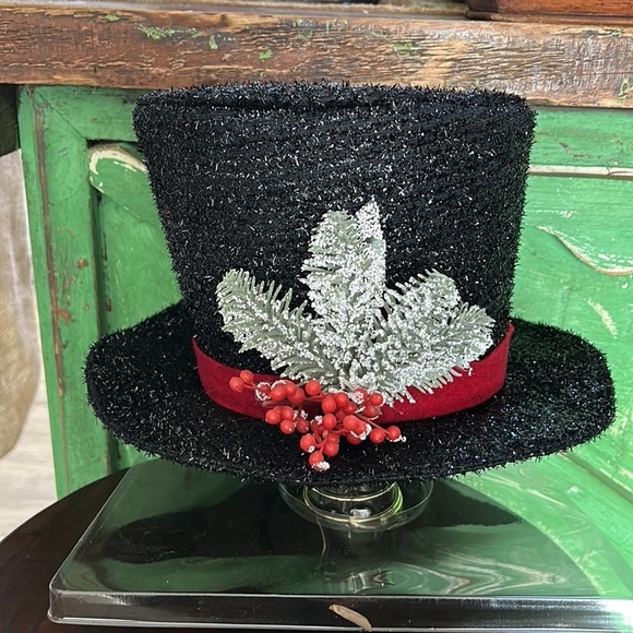 Holiday Home 9.5”  Snowman Hat Tree topper glitter flocked evergreen red berries - Picture 2 of 4